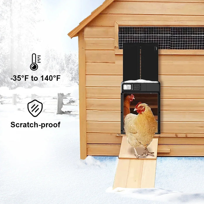 Electric timer-controlled automatic chicken coop door with anti-pinch protection to prevent injuries to chickens when closing