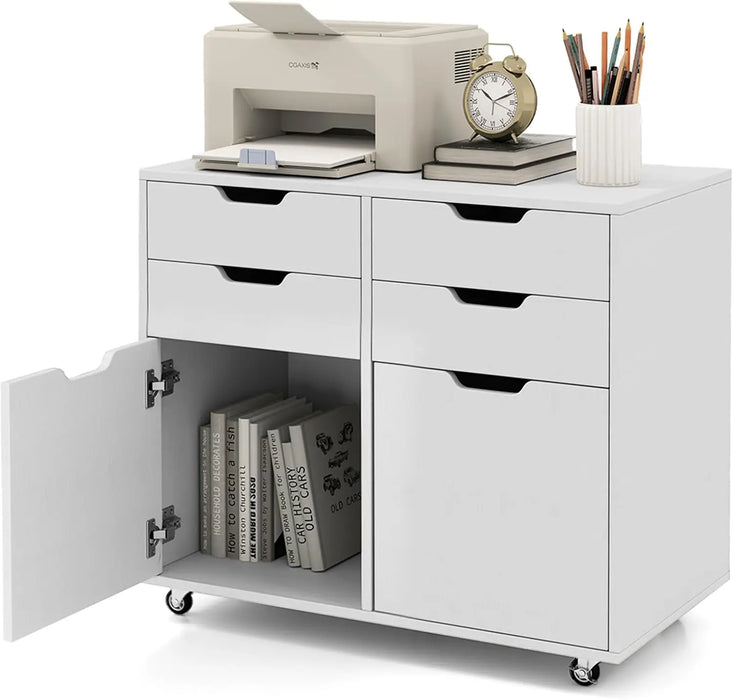 Mobile Wood Storage Cabinet with 4 Drawers, 2 Doors & 5 Wheels Rolling Printer Stand for Home or Office