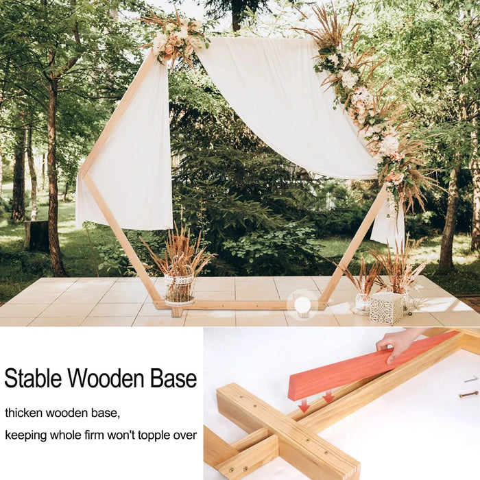 Hexagonal wooden arch for outdoor weddings and photo backdrops