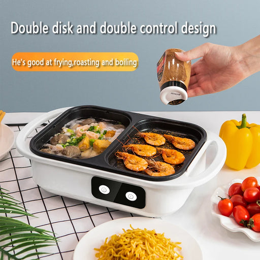 Electric Hot Pot 220V Non-Stick Multi-Function Cooker Green with Dual Compartments for versatile cooking options