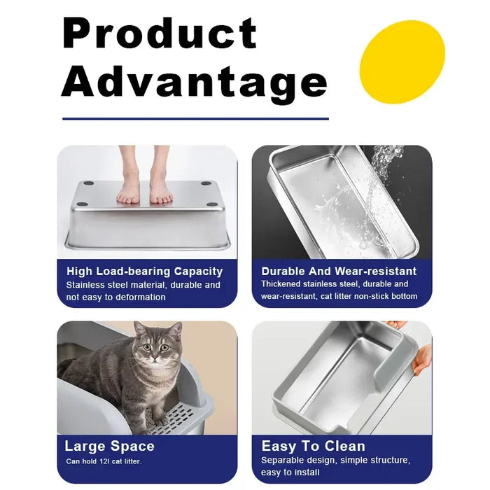 Stainless Steel Cat Litter Box, High-Sided, Odor-Free