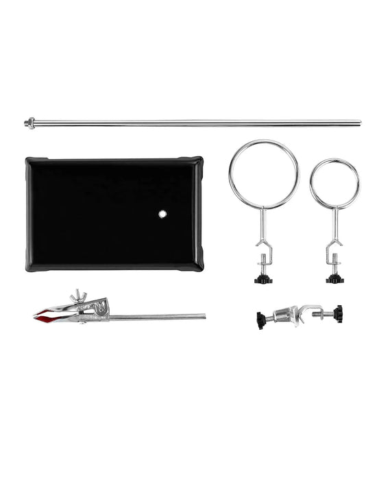 2-Piece Steel Lab Stand Set with Cast Iron Base, 16" Rod, Burette Clamp & Flask Ring