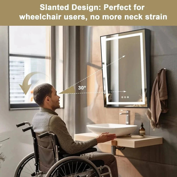 60x90 cm LED Illuminated Bathroom Mirror with Fixed Tilt, Smart Front-lit Black Framed Design - FLUXA