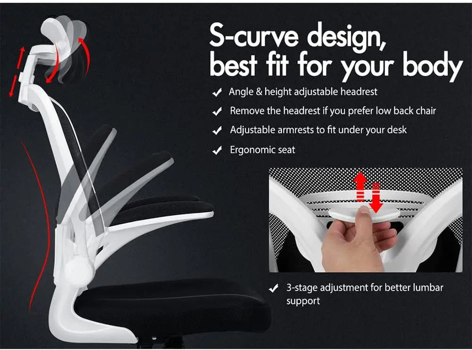 Mesh Ergonomic Office Chair with Adjustable Headrest, Flip-Up Armrests & 150° Recline 180kg Capacity
