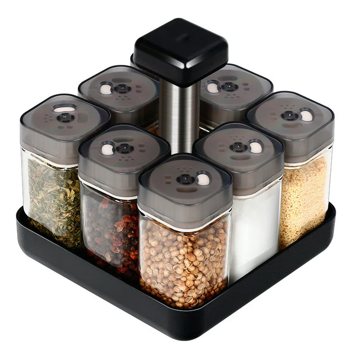 9-piece 360° Rotating Glass Spice Jar Set with Airtight Sealed Containers, Storage Rack, and Seasoning Organizer for Kitchen Herbs, Salt, Pepper, and Sugar