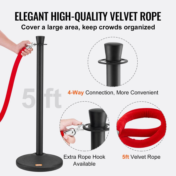 Two black stanchion posts with velvet ropes for crowd control