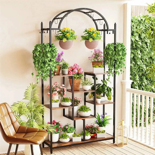 Vintage style plant holder with hanging hooks for versatile arrangement