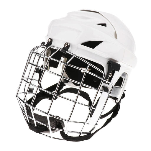 Large, adjustable ice hockey helmet and mask combo in white protective gear with high-quality PC material and EPS compression foam for impact absorption