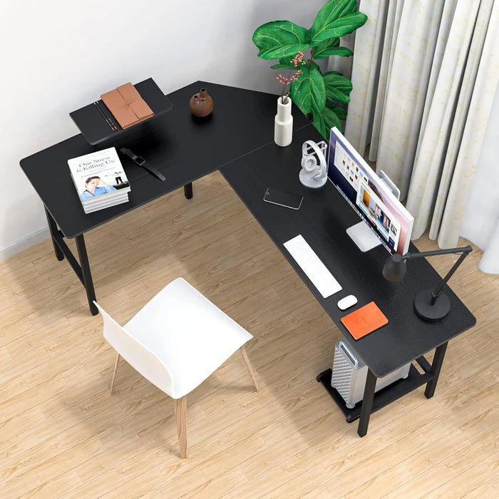 Black L-Shaped Corner Desk Wood & Metal Workstation with Monitor Shelf and Tower Stand