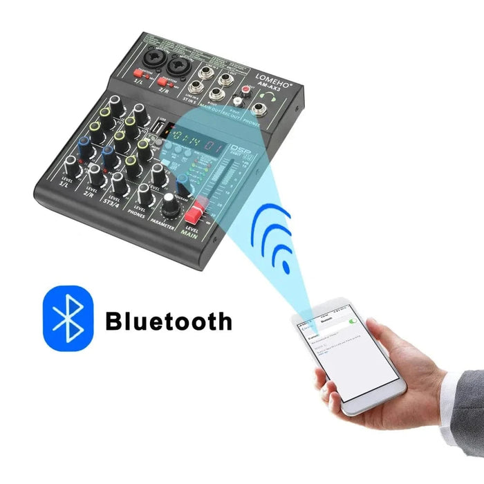 4 Channels Audio Mixer 48V Bluetooth USB with 99 Digital Effects for Recording - FLUXA