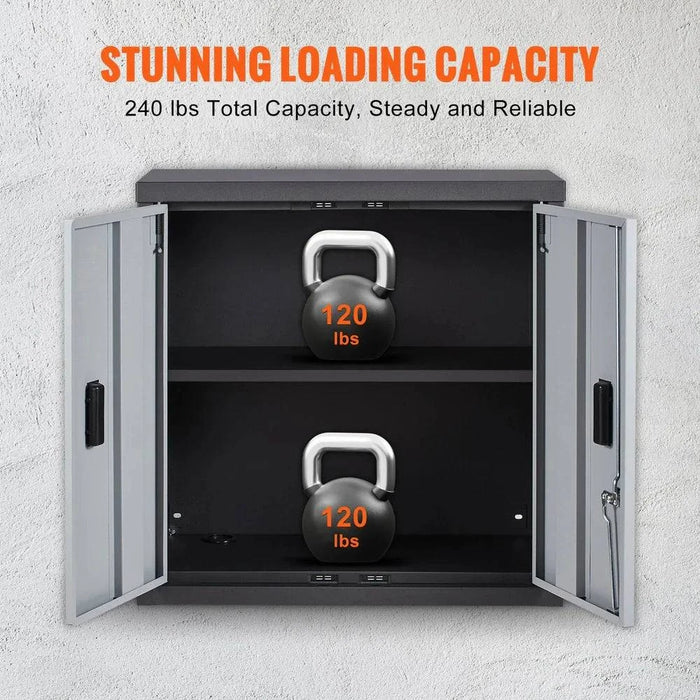 Wall mounted cabinet with adjustable shelf and pre-drilled power cord holes