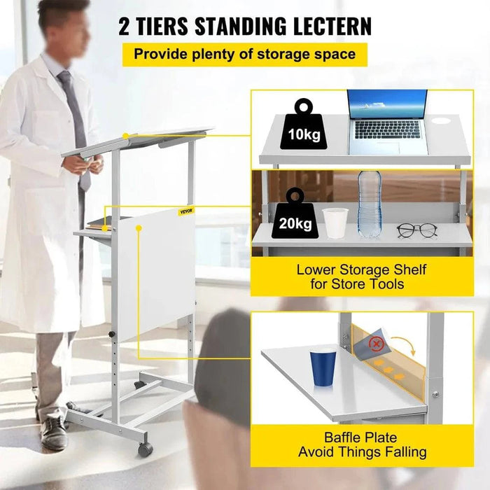 Height Adjustable Standing Lectern with Rolling Casters and Storage Shelf in Conference Room