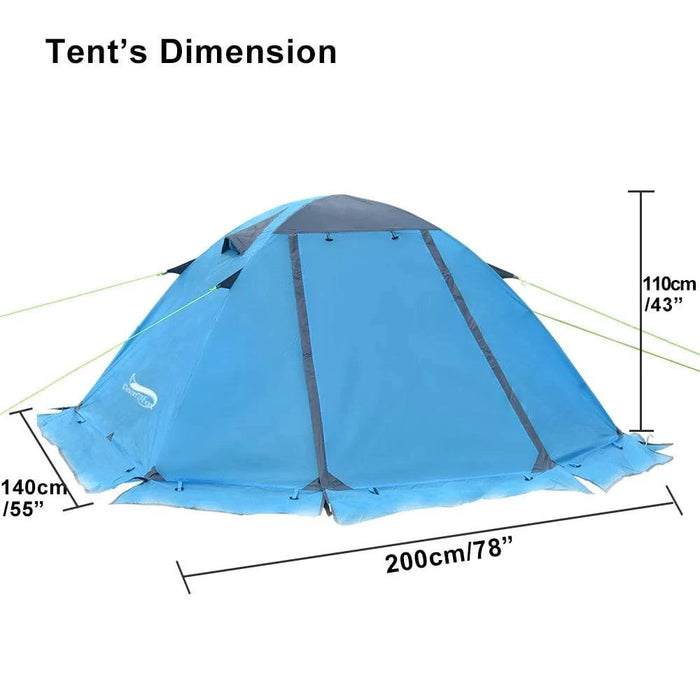 Two-person green winter camping tent with snow skirt and 4-season backpacking shelter in snowy mountain landscape