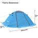 Two-person green winter camping tent with snow skirt and 4-season backpacking shelter in snowy mountain landscape