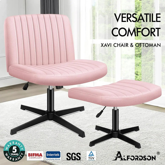 Armless Velvet Desk Chair with Ottoman Ergonomic Cross-Leg Base & Adjustable Tilt