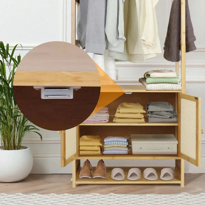 Bamboo clothes stand made of 60% bamboo, 10% ABS plastic, 30% MDF board