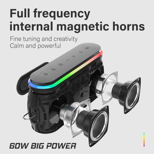 Portable Bluetooth speaker with 60W output and wireless subwoofer
