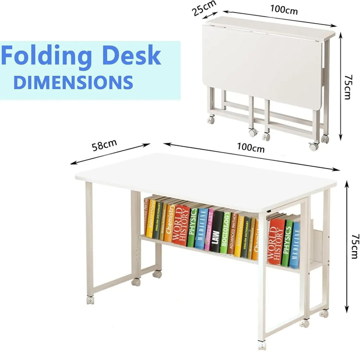 Portable Folding Desk with 100cm Tabletop and Storage Shelves Modern Mobile Office Solution