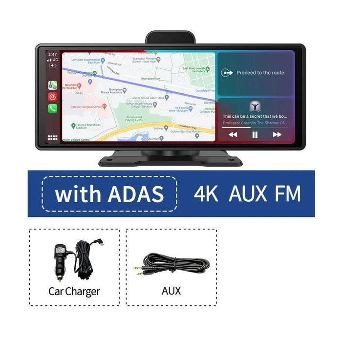 26 cm 4K Dash Cam with advanced driver assistance, wireless CarPlay, Android Auto, GPS, and 5G WiFi capabilities, including ADAS and 128gb auxiliary storage