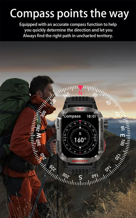 Waterproof Bluetooth Smartwatch with Compass & Flashlight – Blue