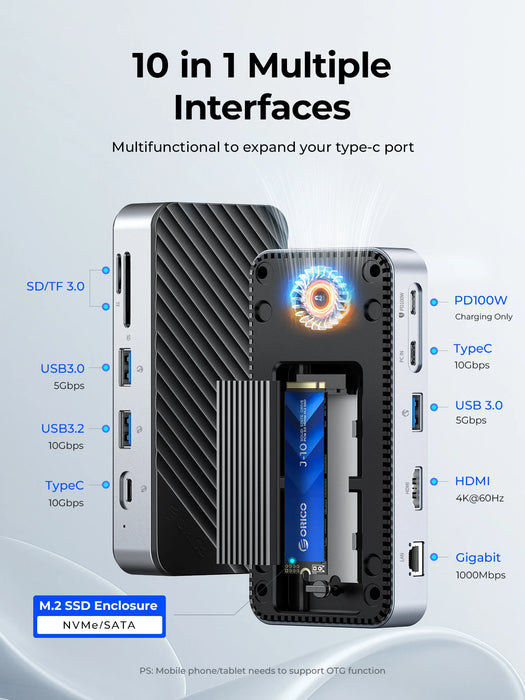 10-in-1 USB-C Hub with M.2 NVMe SSD Enclosure and 4K HDMI