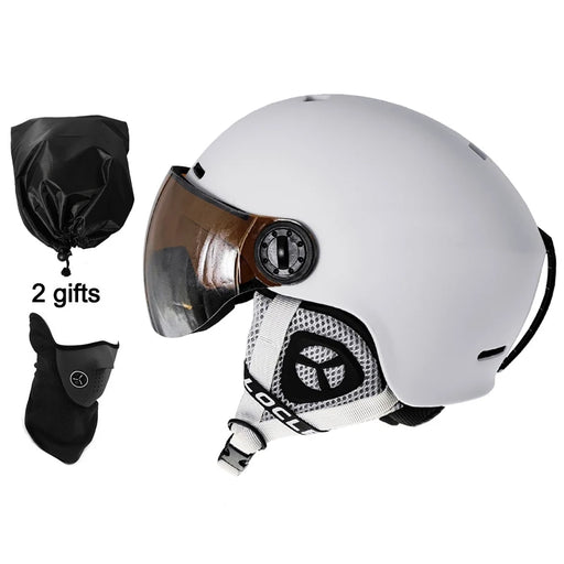 White skiing helmet with integrated goggles for men, women, and children