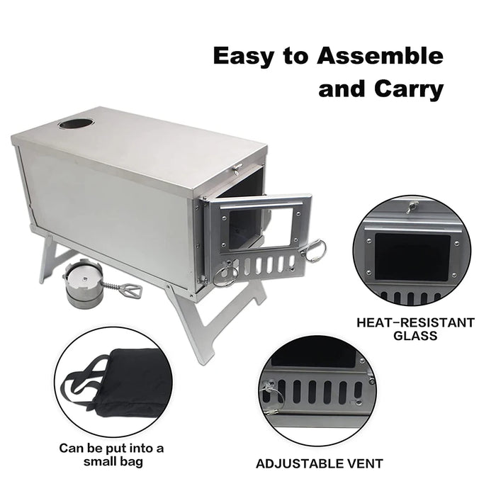 Camping Tent Stove Portable Ultralight Stainless Steel Wood Burner with Glass Windows