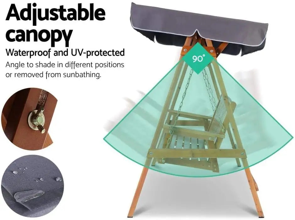 Outdoor Wooden Swing Chair 3-Seater with Adjustable Canopy & Cushions Teak Finish Patio Bench
