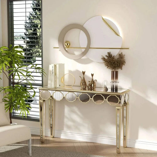 Rectangular mirrored console table with elegant gold rim design for modern decor