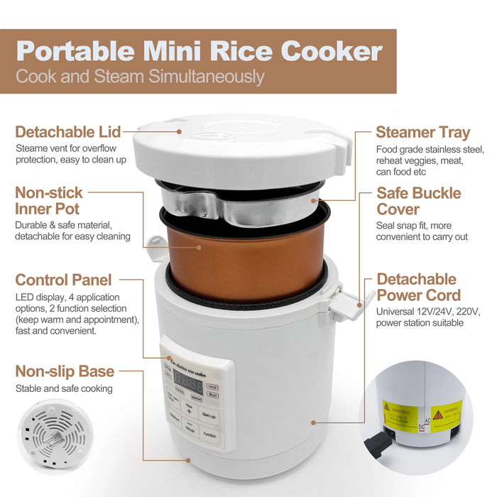 1.6L Travel Rice Cooker 12V/24V/220V Multi-Power, Champagne