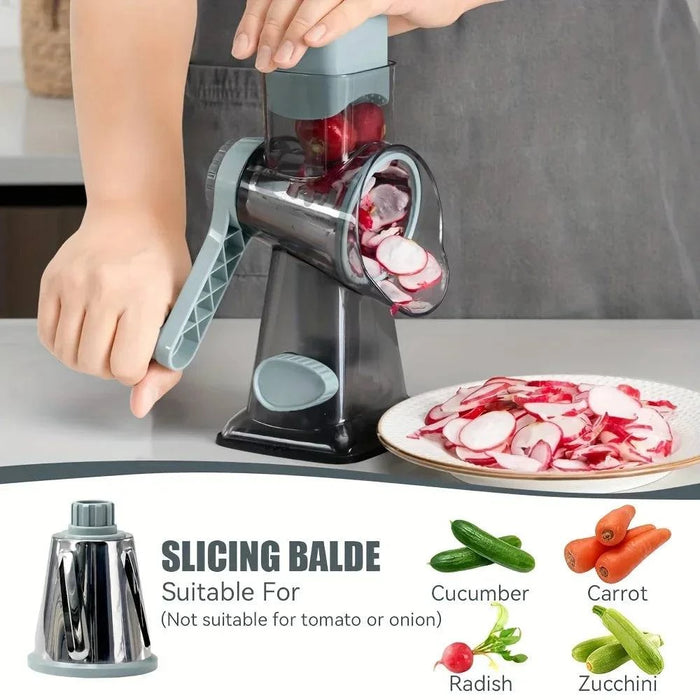 Rotary Manual Cheese Grater with 3 Interchangeable Blades for Easy Grating of Cheese and Vegetables