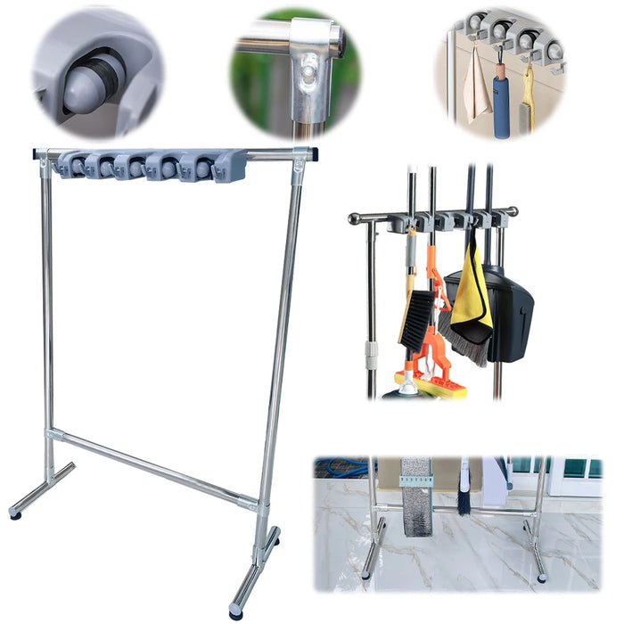 Standing Mop Organizer Rack, Stainless Steel with Hooks