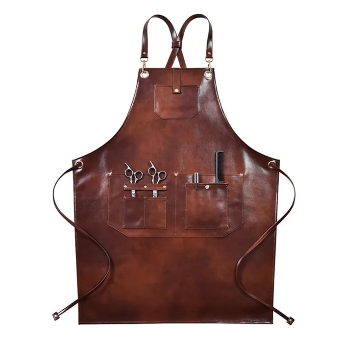Barbershop apron PU leather crossback coffee waterproof salon bistro uniform in stylish brown