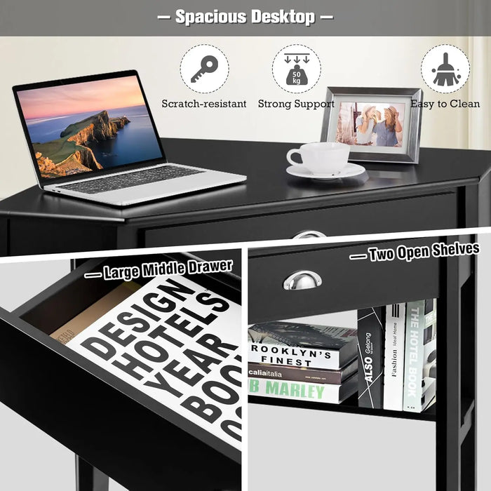 Space-Saving Corner Computer Desk Wood Workstation with Drawer & Shelves for Home or Study