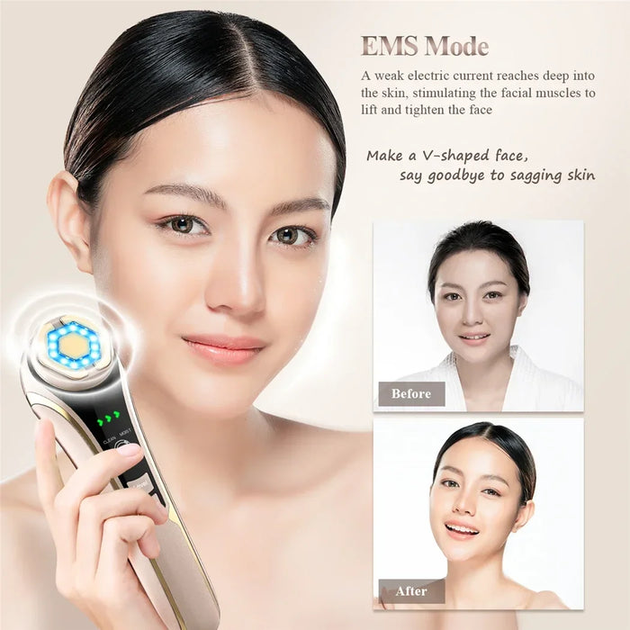 HIFU Face Skin Care | EMS Facial Lifting Massager & LED Photon Wrinkle Remover | Hot Compress 1200Hz Vibration, Gold