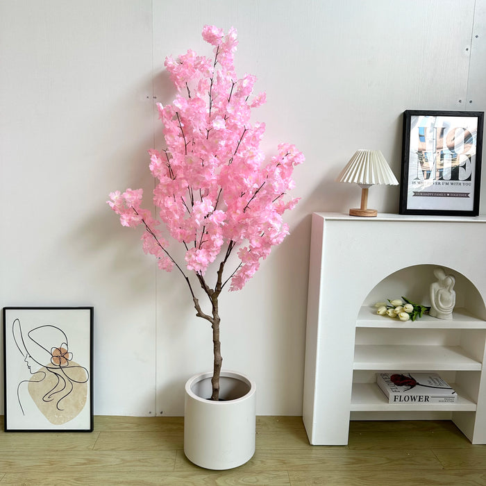 Faux Pink Cherry Blossom Tree 180CM, Natural Trunk, Silk Flowers, Indoor Decorative Plant