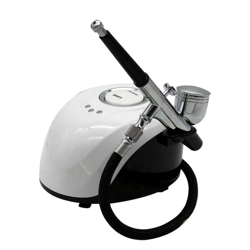 Multifunction Airbrush Kit with 3-speed Compressor, suitable for makeup, nail art, cake decorating, tattoos, and crafts, featuring a 3-stage adjustable air pressure mode and a 02 mm needle, with compact design and easy cleaning kit included