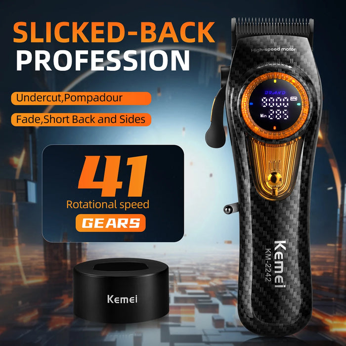 Professional cordless hair trimmer with adjustable settings and base in box