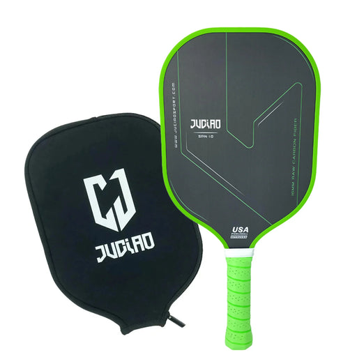 Pickleball paddle featuring green carbon fiber T700 construction with spin textured surface and USAPA approval, complete with cover