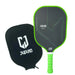 Pickleball paddle featuring green carbon fiber T700 construction with spin textured surface and USAPA approval, complete with cover
