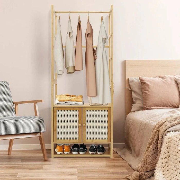 Natural bamboo finish clothes stand with hanging rack