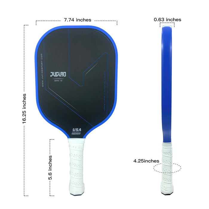 Pickleball paddle in blue with cover made of carbon fiber T700, USAPA approved and featuring spin textured surface for optimal performance