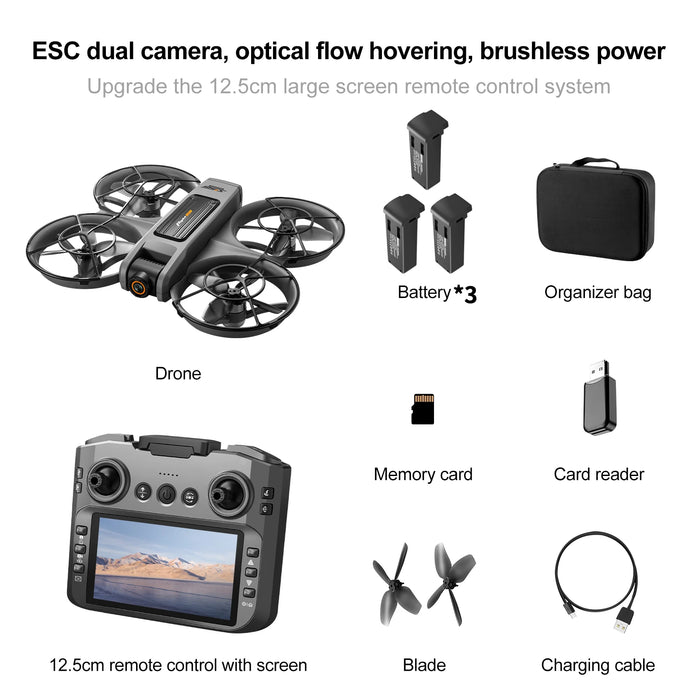 Foldable 8K Drone with Display and 3 Batteries Gray