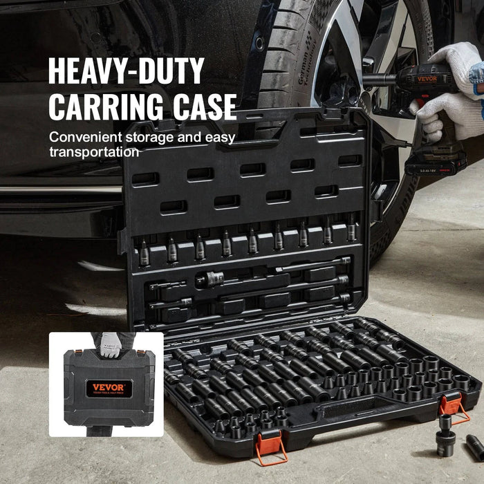 90 piece metric drive impact socket set with Cr-Mo 6 point alloy steel for professional repair and maintenance