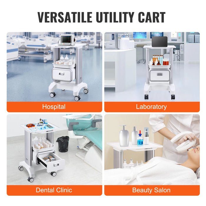 Mobile lab utility cart with 4 shelves, white color, made of ABS material, designed for rolling in clinic, hospital, or salon environments