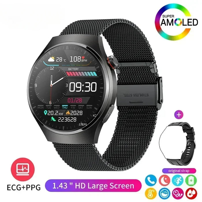 Mesh Black Smartwatch with ECG, Blood Sugar & Bluetooth Calling