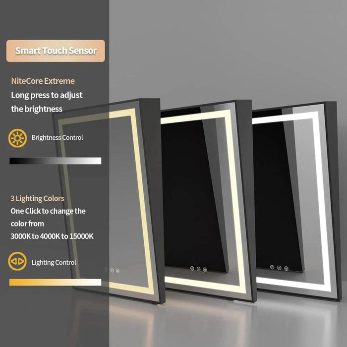 60x90 cm LED Illuminated Bathroom Mirror with Fixed Tilt, Smart Front-lit Black Framed Design - FLUXA