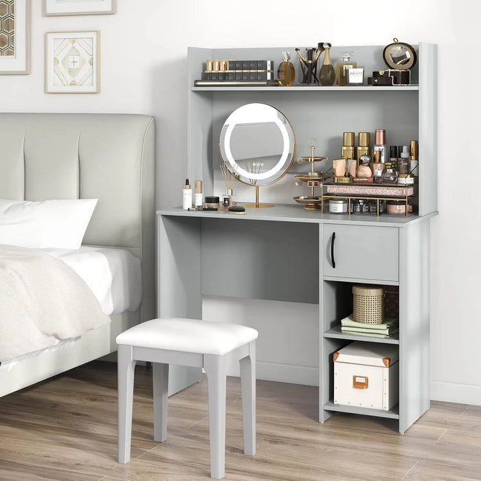 Home Office Computer Desk Gray with Raised Shelf, 2 Open Shelves & Cabinet with Adjustable Storage
