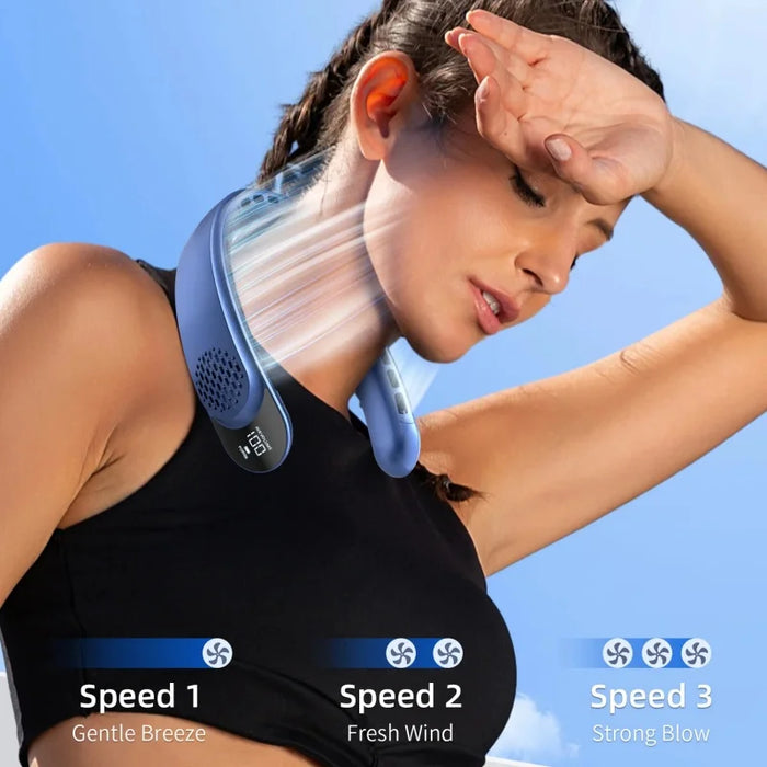 Portable Neck Fan with Quad-Core Turbine, 4000mAh, Vaneless, Digital Display, Blue