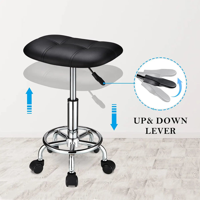 Swivel Rolling Stool Adjustable Height with Smooth Wheels, Black Square Seat
